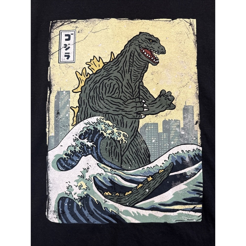 Godzilla Graphic Tee Black Japanese Wave Print T-Shirt Size XL - Picture 2 of 5